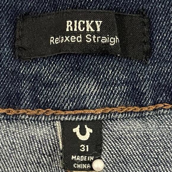 True Religion Ricky Big T Flap Relaxed Straight Jeans Mens Size 31X34 Blue Denim - Picture 2 of 16